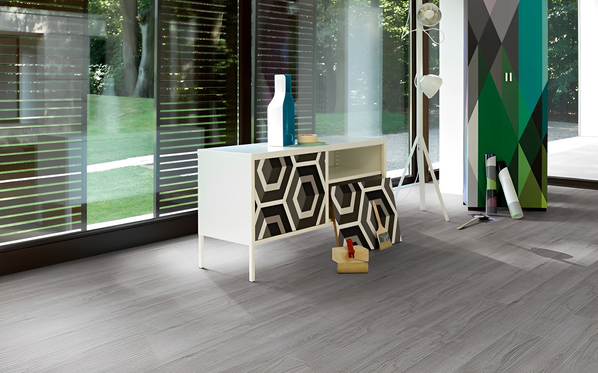 Parquet Stratifié  Lame Large Gris lumière 128.5x19.4 cm